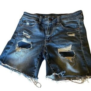 American Eagle Womens Distressed Denim Shorts Blue Medium Wash Frayed Hem Sz 4